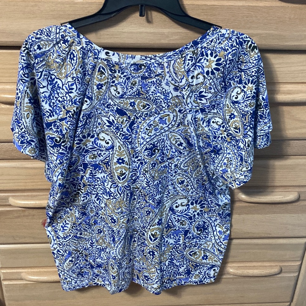 Rafaella Women's Blue and Gold Paisley V-neck Knit Top Blouse short sleeve - Picture 5 of 5